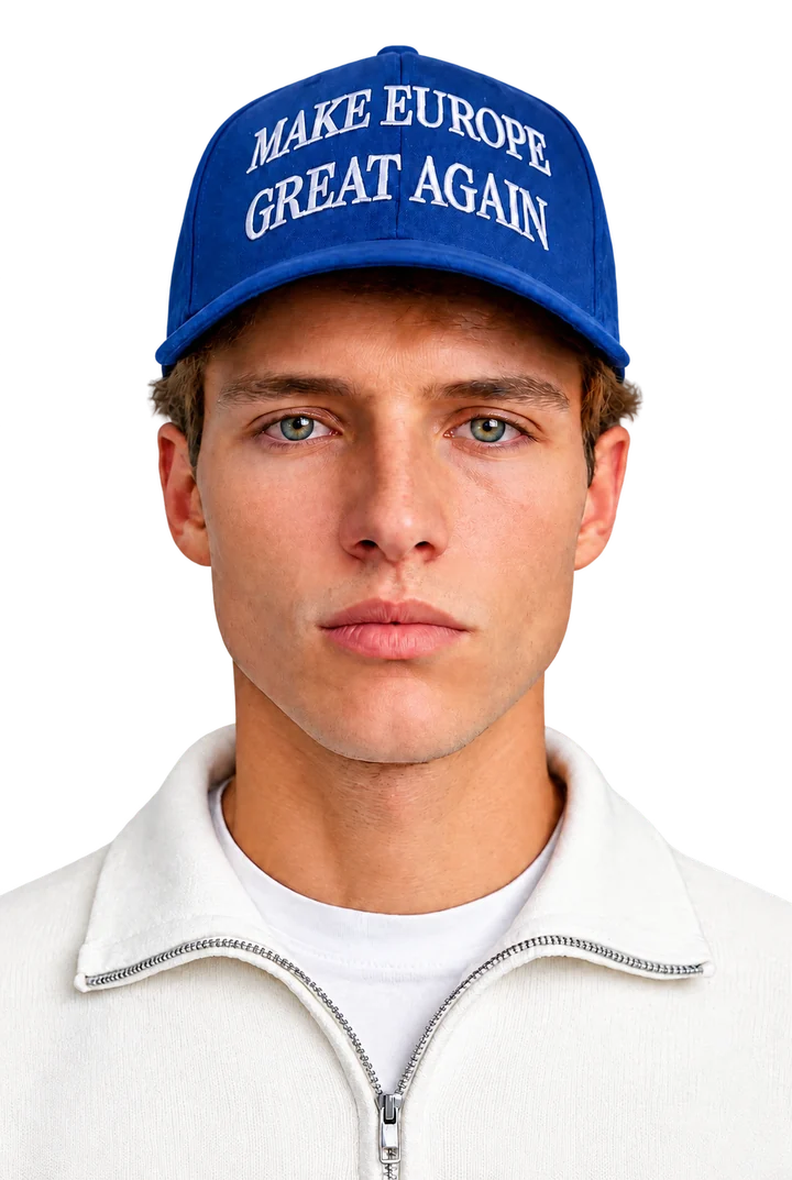 Model wearing a blue Make Europe Great Again cap and a white jacket.